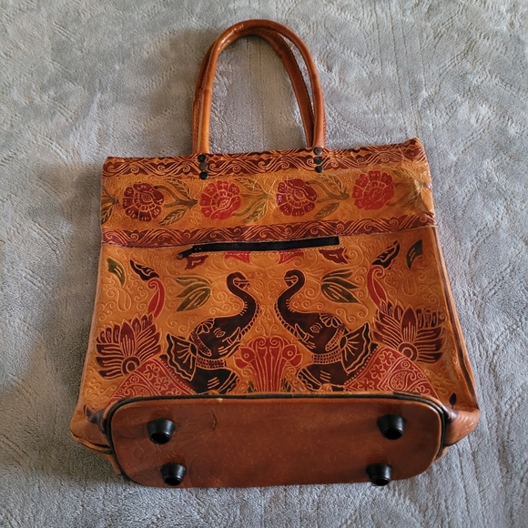 Genuine Leather Made In India Zipper Tote Bag Elephant Design with Bottom Studs - Picture 3 of 13